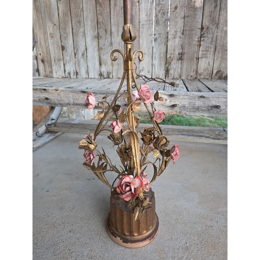 Frederick Cooper Chicago Vintage Tole Floral Rose Gold Gilt Metal Table Lamp 44"